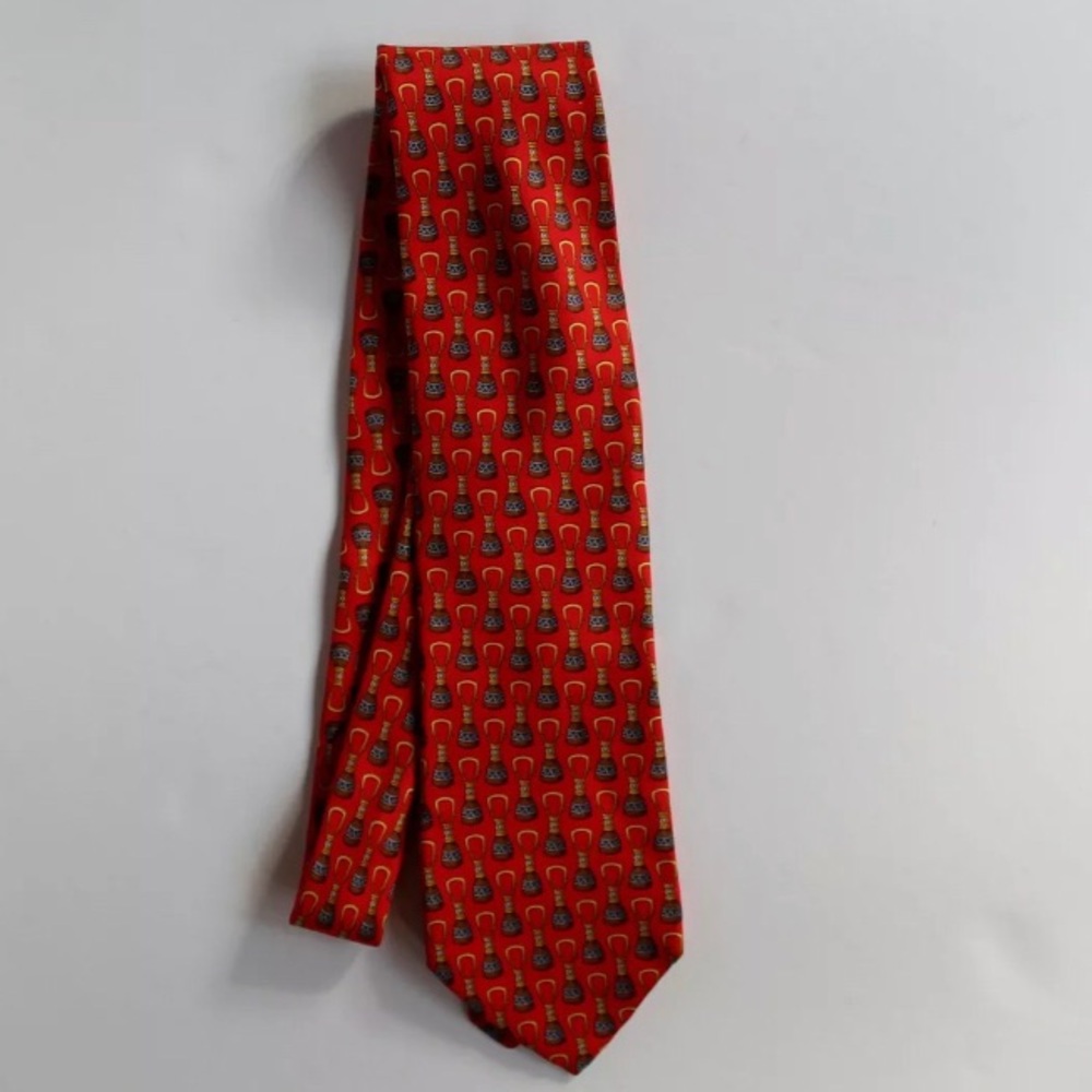 Aquascutum Red, Gold & Blue Print Silk Tie USA‎
